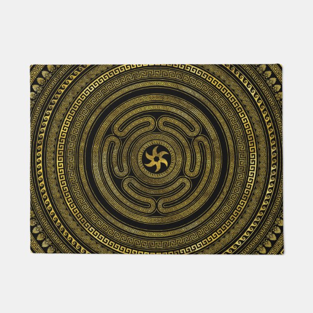 Wheel of Hecate Greek Key Black and Gold Doormat (Front)