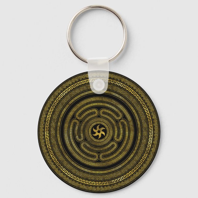 Wheel of Hecate Greek Key Black and Gold Keychain (Front)