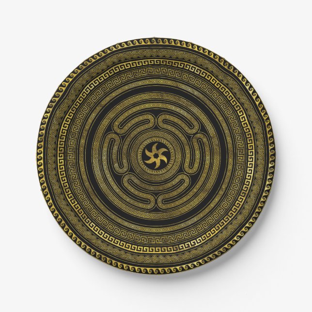 Wheel of Hecate Greek Key Black and Gold Paper Plate (Front)