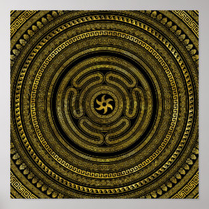 Wheel of Hecate Greek Key Black and Gold Poster