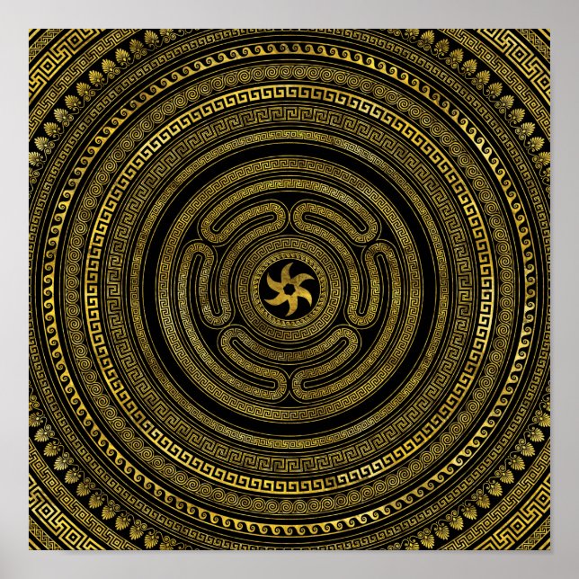 Wheel of Hecate Greek Key Black and Gold Poster (Front)