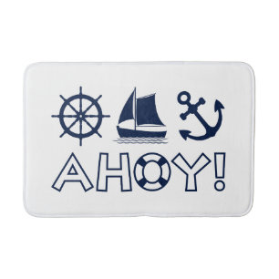 Wheel Sailboat Anchor Ahoy! Dark Blue Bath Mat