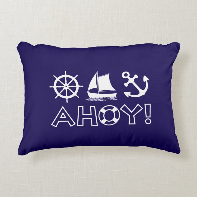 Wheel Sailboat Anchor Ahoy! White Accent Pillow (Front)