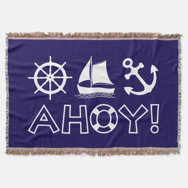 Wheel Sailboat Anchor Ahoy! White Throw Blanket (Front)
