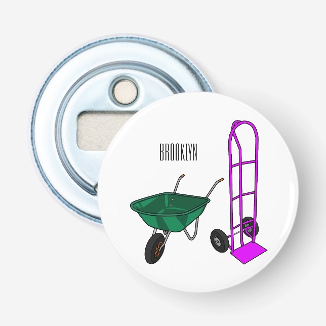 Wheelbarrow & hand trolley cartoon illustration bottle opener (Front)