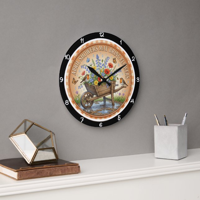 Wheelbarrow Wildflower Spring Heritage Large Clock (Office)