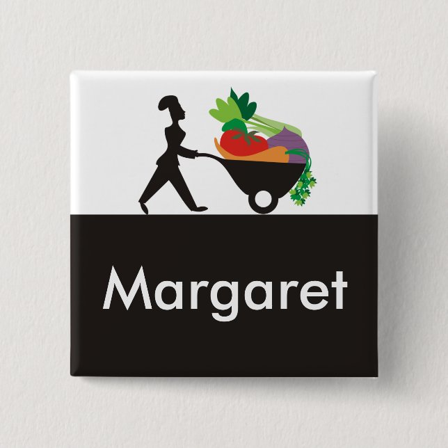 wheelbarrow woman chef giant vegetables name ta... 2 inch square button (Front)