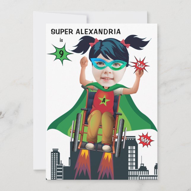Wheelchair Superhero Girl 💥 Flying Hero Birthday  Invitation (Front)