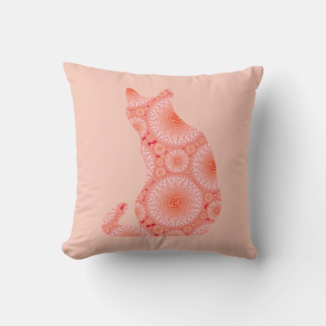 "Wheels of Light" Cat - coral orange Throw Pillow (Front)
