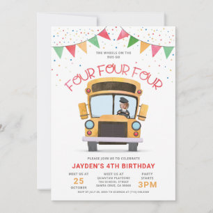 Wheels on the Bus 4th Birthday Photo Invitation