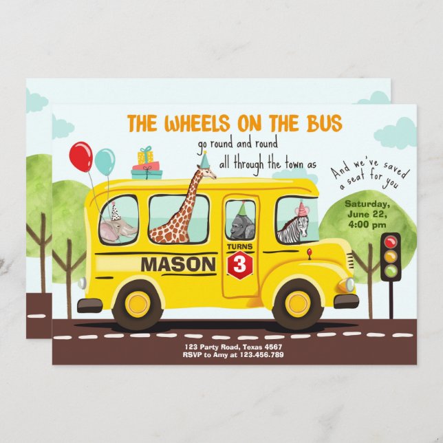 Wheels on the Bus Birthday Invite School Bus Party (Front/Back)