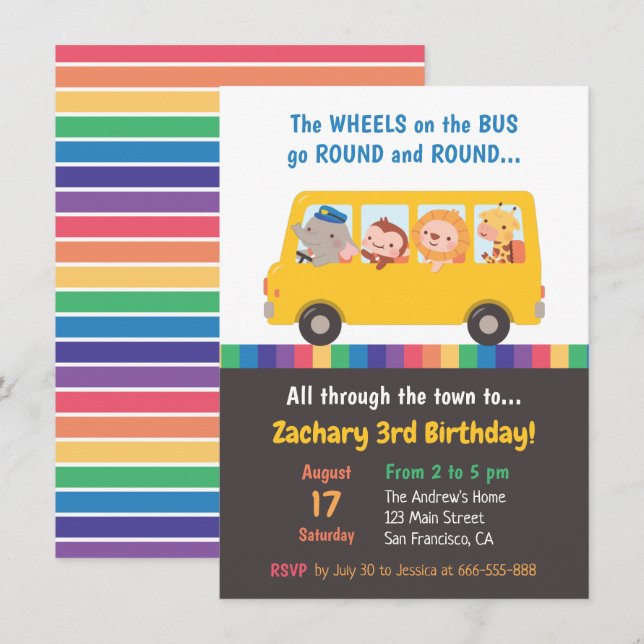Wheels on the Bus Cute Animals Kids Birthday Party Invitation (Front/Back)