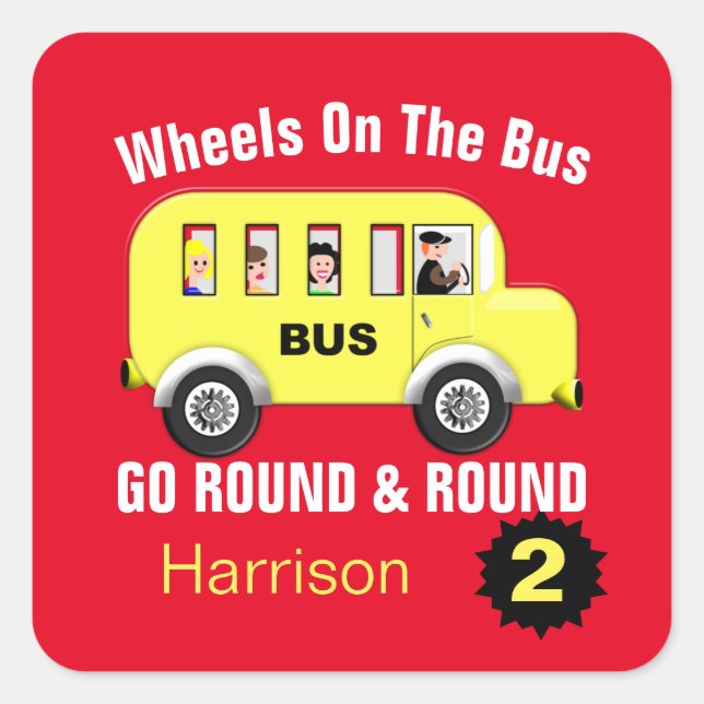 Wheels On The Bus Kids Cute Personalized Square Sticker (Front)