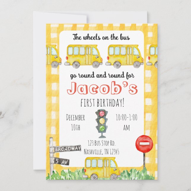 Wheels on the bus yellow kids birthday invitation (Front)