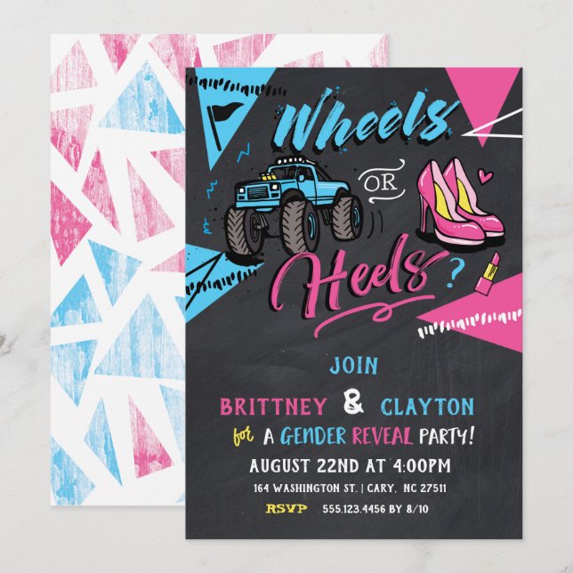 Wheels or heels gender reveal invitation (Front/Back)