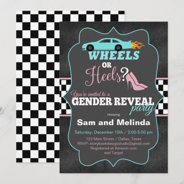 Wheels or Heels Gender Reveal Invitations (Front/Back)
