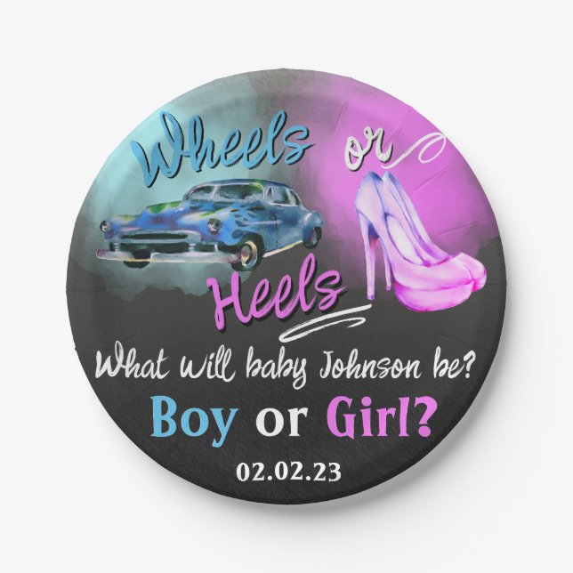 Wheels or Heels gender reveal paper plate. Plate (Front)