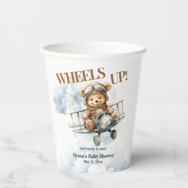 Wheels Up Teddy Bear Airplane Baby Shower Paper Cups (Front)