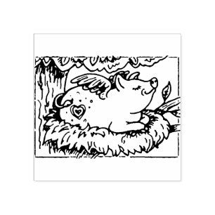 WHEN PIGLETS FLY THEY MAKE NESTS, CUTE FLYING PIG RUBBER STAMP