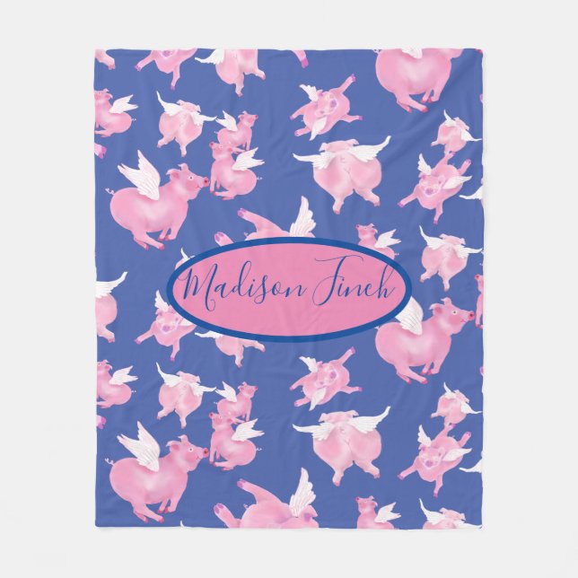 When pigs fly cute pink blue fleece blanket (Front)