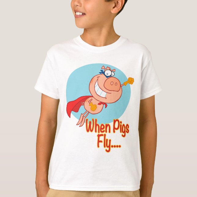 when pigs fly super hero flying piggy pig cartoon T-Shirt (Front)