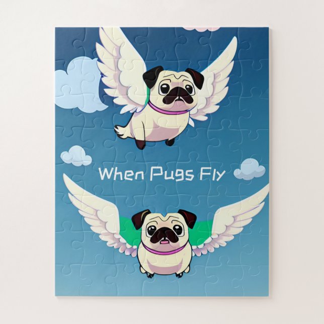 When Pugs Fly Cute Flying Puppies Cartoon in Sky Jigsaw Puzzle (Vertical)