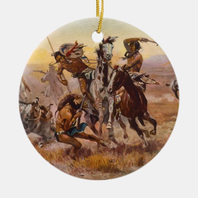 When Sioux and Blackfeet Met by Charles M. Russell Ceramic Ornament (Front)