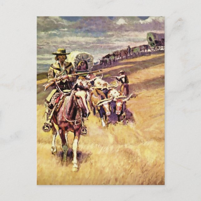 “When Wagon Trains Where Dim” by Charles M Russell Postcard (Front)