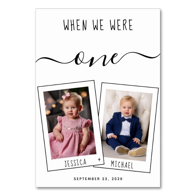When We Were Age Kids Photos Simple Script Wedding Table Number (Front)