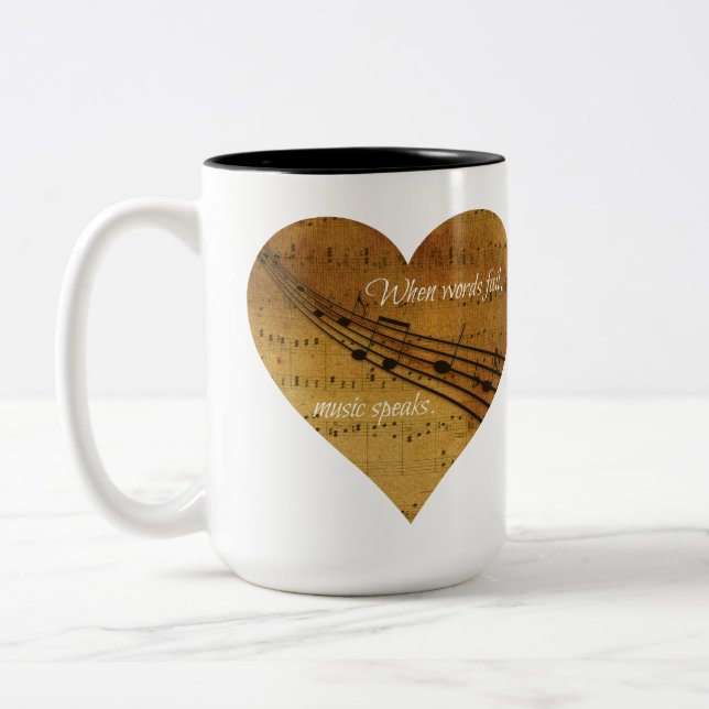 When Words Fail, Music Speaks Sheet Music Heart Two-Tone Coffee Mug (Left)