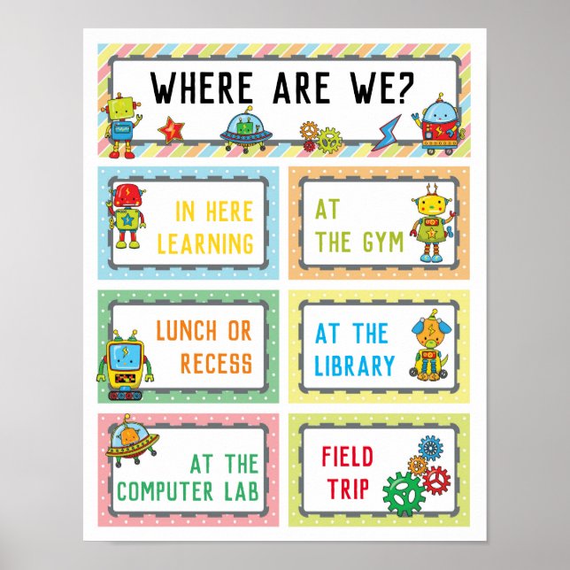 Where Are We Classroom Sign in Robot Theme (Front)