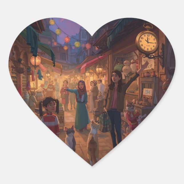 Where Cats Wander and Lanterns Glow Heart Sticker (Front)