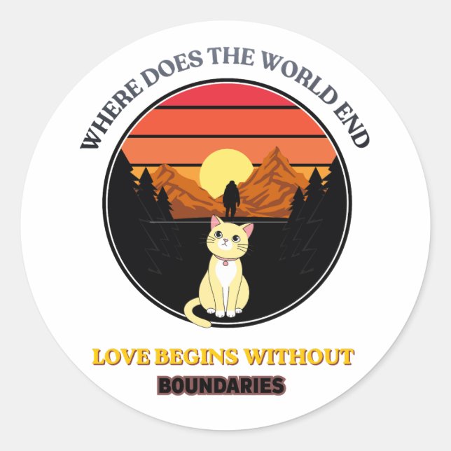 Where Does The World End | Cute Cat Retro Sunset T Classic Round Sticker (Front)