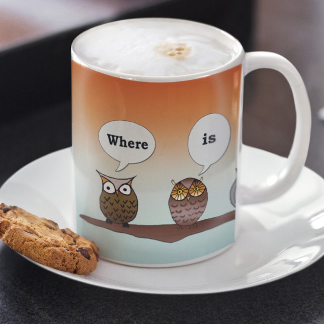 Where Is My Coffee? Four Owls Mug (Perched and perplexed, these owls wonder, 'Where is my coffee?)