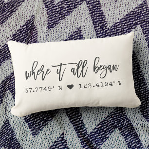 Where it all began Chic Script Custom Coordinates Lumbar Pillow