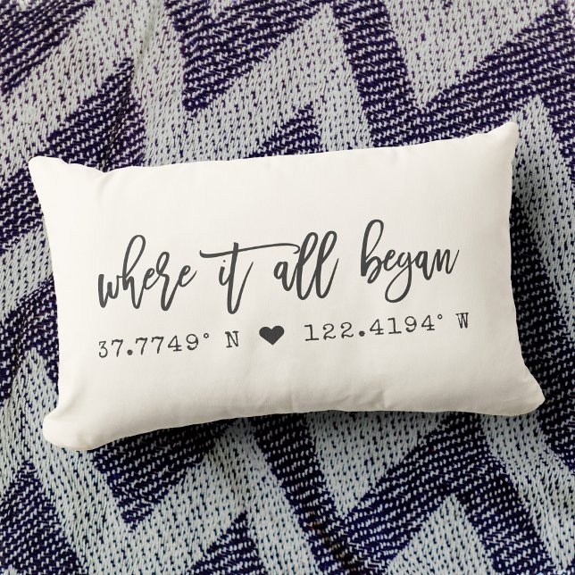 Where it all began Chic Script Custom Coordinates Lumbar Pillow (Creator Uploaded)