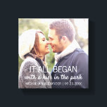 Where It All Began Personalized Couples Photo Canvas Print<br><div class="desc">Every couple has a unique story about where it all began. This photo canvas print with white text can be customized to any couple, with their names, the date of their anniversary (first date, wedding, engagement, etc), as well as a picture of the happy couple. A truly unique keepsake!</div>