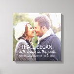 Where It All Began Personalized Couples Photo Canvas Print<br><div class="desc">Every couple has a unique story about where it all began. This photo canvas print with white text can be customized to any couple,  with their names,  the date of their anniversary (first date,  wedding,  engagement,  etc),  as well as a picture of the happy couple. A truly unique keepsake!</div>