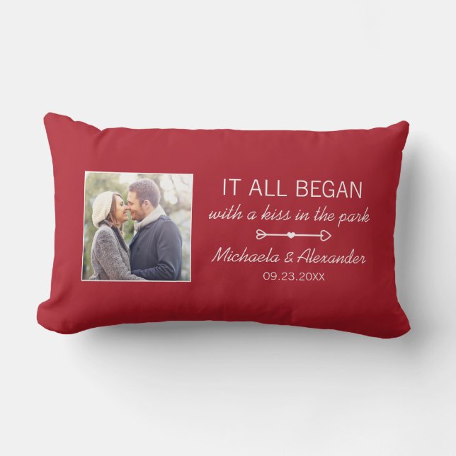Where It All Began Personalized Couples Photo Red Lumbar Pillow (Front)