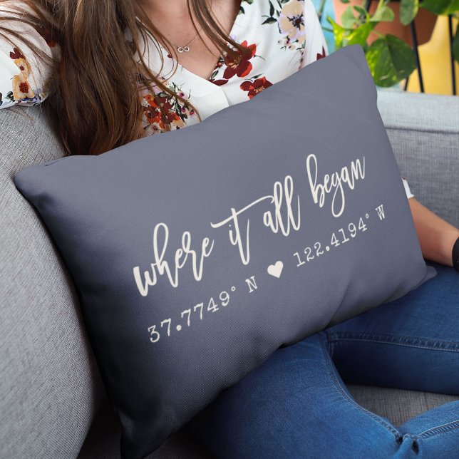 Where it all began Script Navy Blue Coordinates Lumbar Pillow (Creator Uploaded)