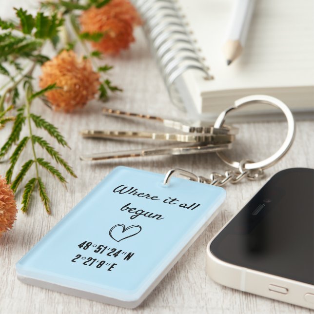 where it all begun, cute couples location gift keychain (Front Right)