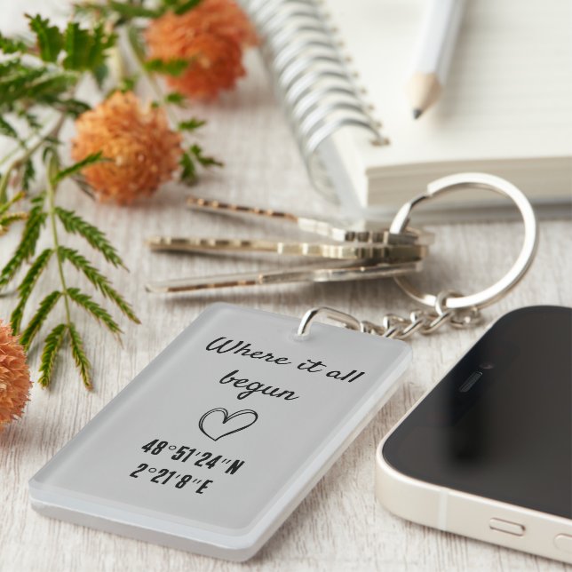 where it all begun, cute couples location gift keychain (Front Right)