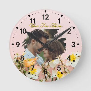 Where Love Blooms   Personalized Spring Romance  Round Clock