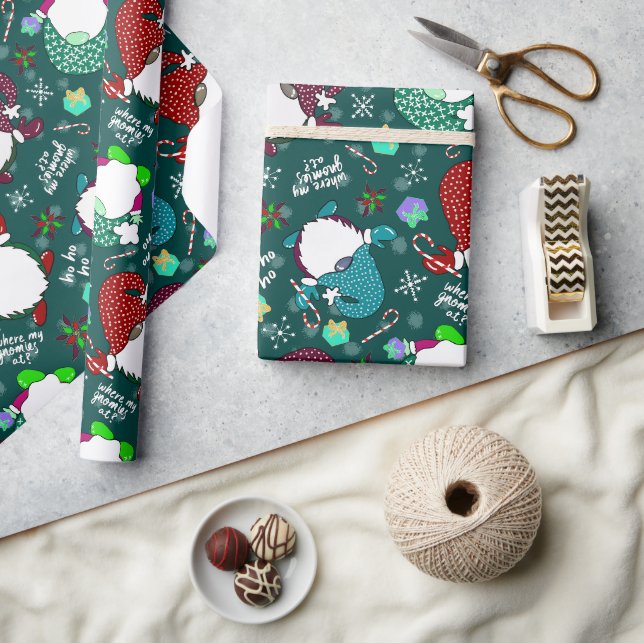 Where My Gnomies At? Wintergreen Christmas Gnome  Wrapping Paper (Crafts)
