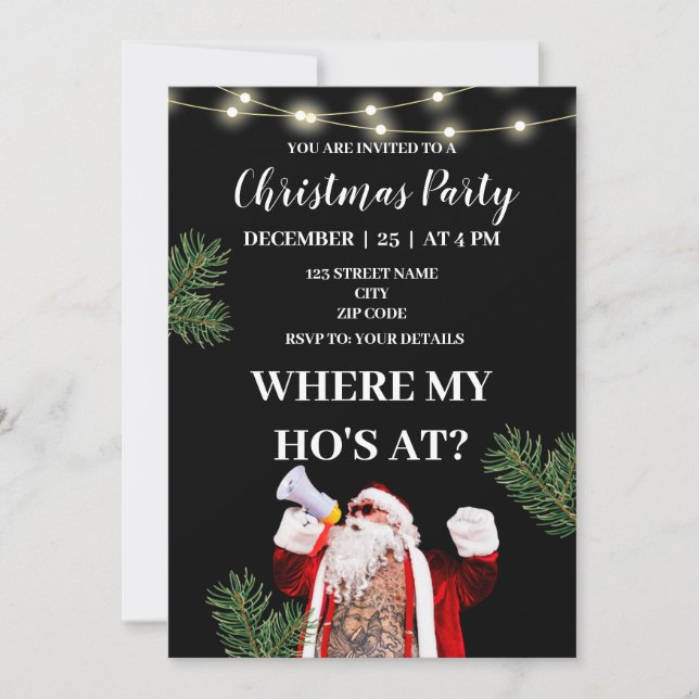 Where my ho's at rude and funny christmas invitation (Front)