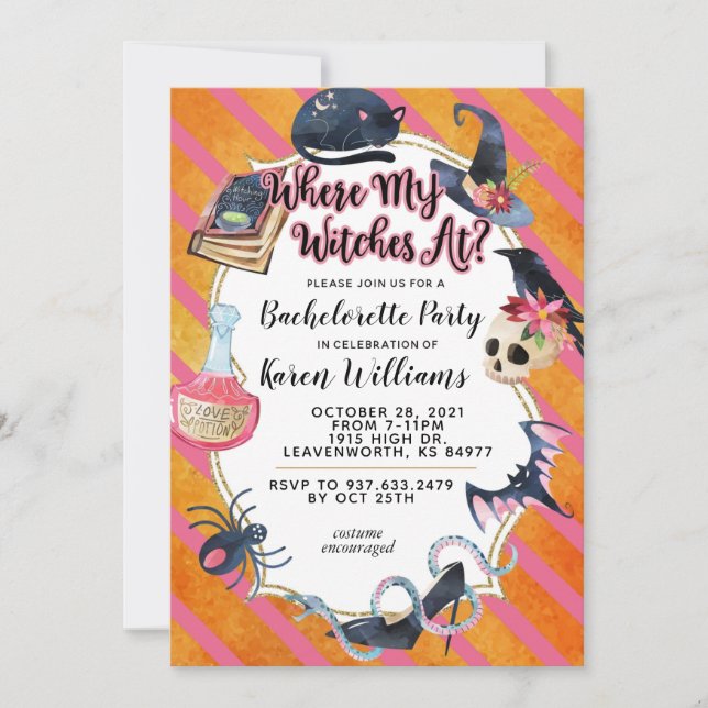 Where My Witches At Halloween Bachelorette Party Invitation (Front)