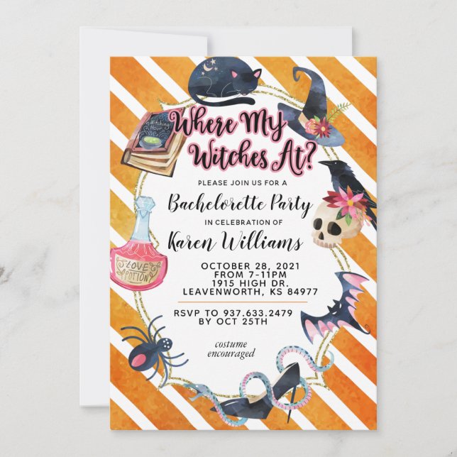 Where My Witches At Halloween Bachelorette Party Invitation (Front)