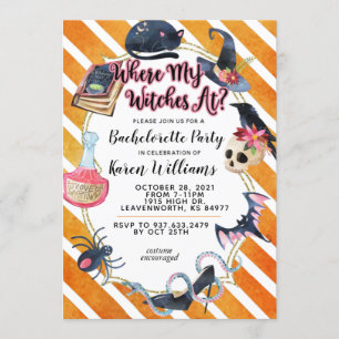 Where My Witches At Halloween Bachelorette Party Invitation