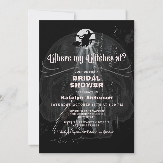 Where My Witches Halloween Bridal Shower Invitation (Front)