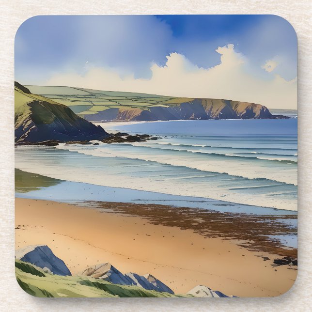 “Where Sky Meets Quiet Sand” – Devon Seascape Coaster (Front)